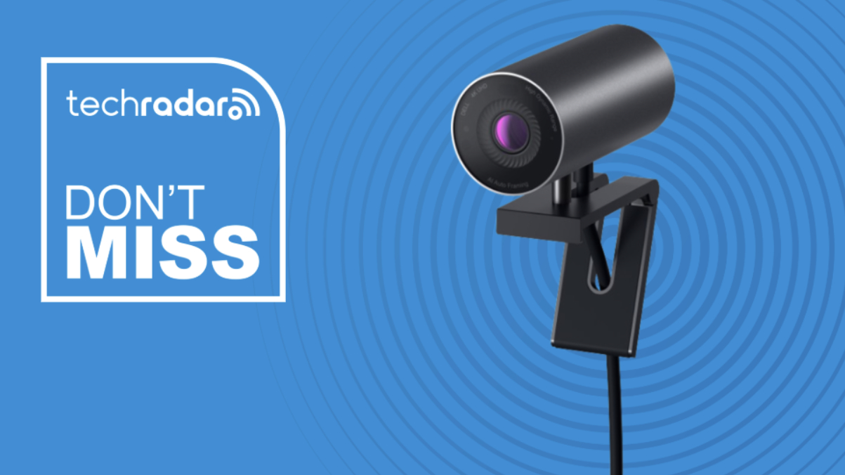 Dell 4K webcam on a blue background next to a TechRadar badge that says 'Don't Miss'