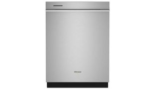 A stainless steel dishwasher on a white background