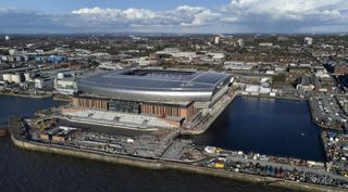 Aerial view of Everton's new stadium at Bramley-Moore Dock during construction in September 2024.