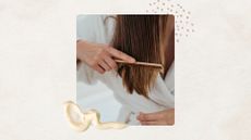 Close up of woman in a dressing gown combing her hair, set in front of an off-white background with a polka dot motif and product texture