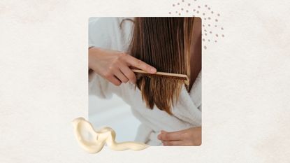 Close up of woman in a dressing gown combing her hair, set in front of an off-white background with a polka dot motif and product texture