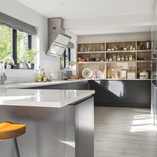 Kitchen with white counter and wooden wall shelves