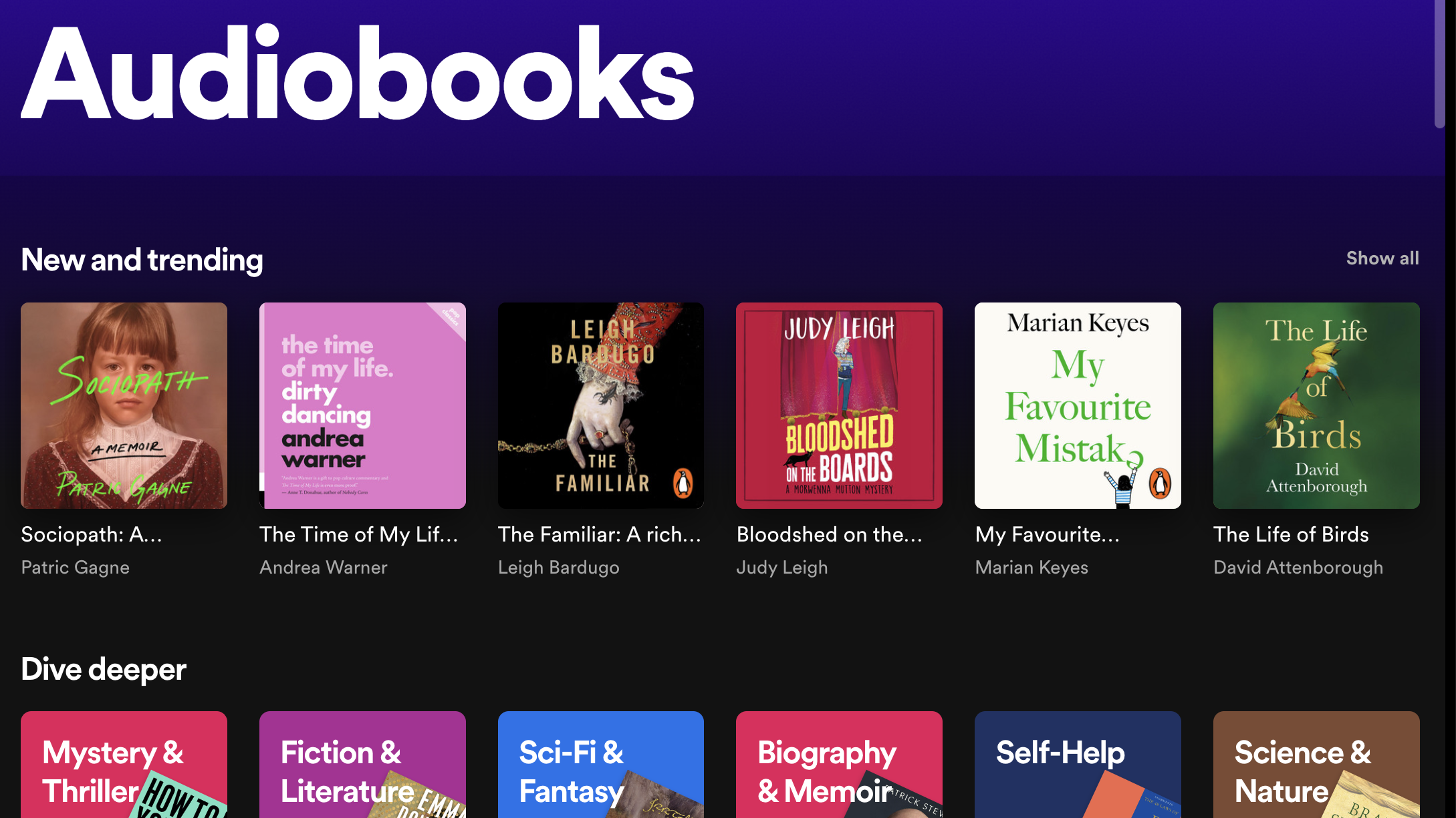 Screenshots of the Spotify audiobook offering.