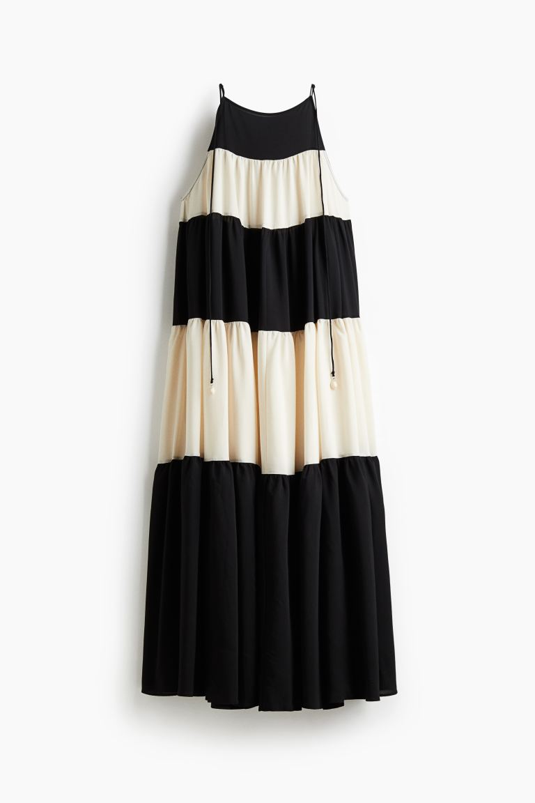 Black and Cream Tiered Tie-Strap Dress