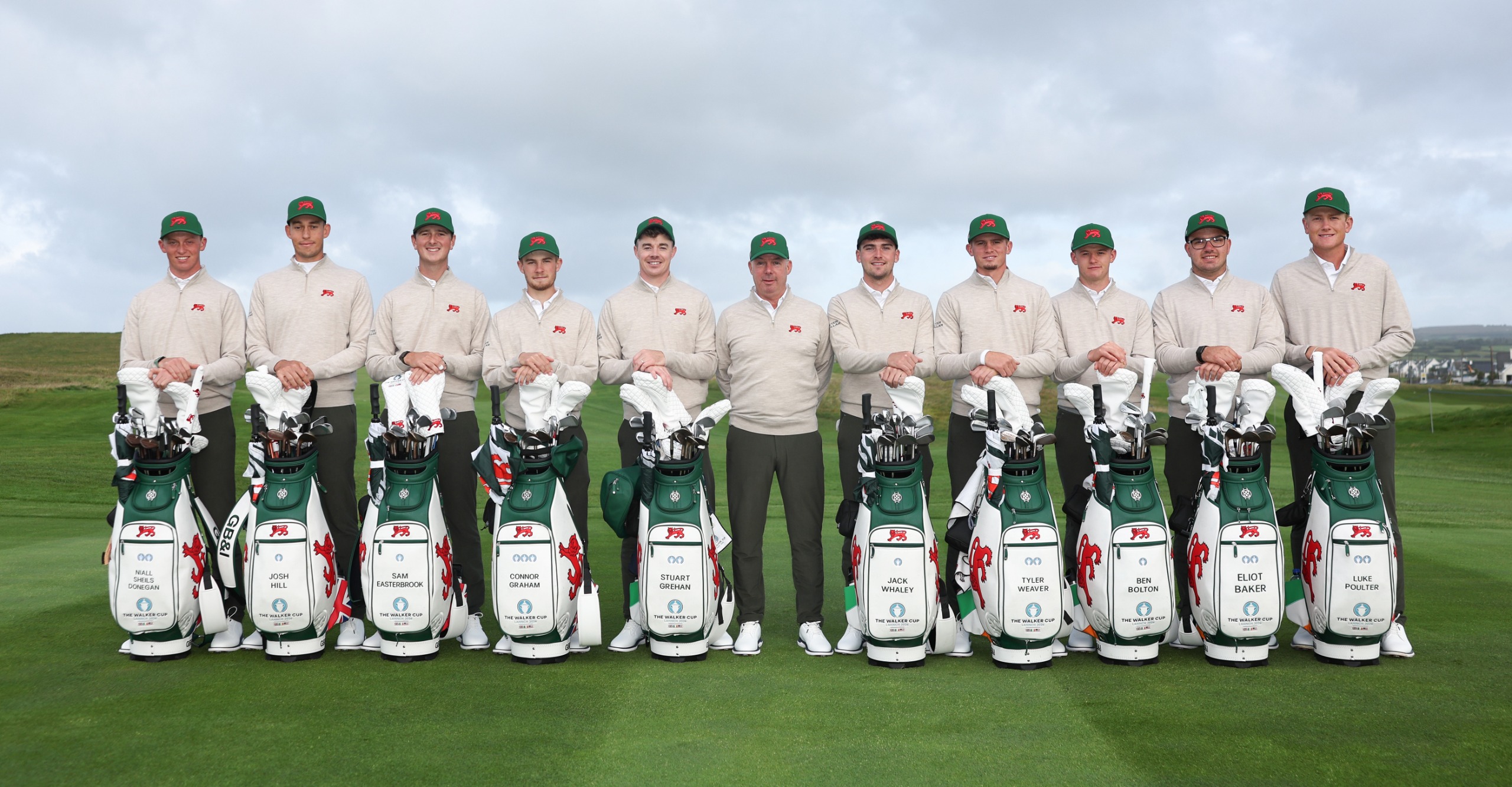 Walker Cup Team GB&amp;amp;I pose for a group photo in front of their golf bags