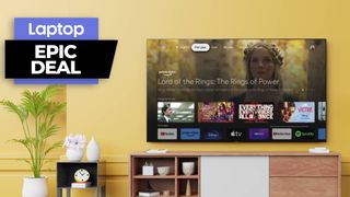 Sony Bravia XR OLED Google TV in a living room next to a potted plant with yellow background