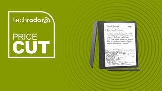 The Kindle Scribe on a green background with text saying Price Cut next to it.