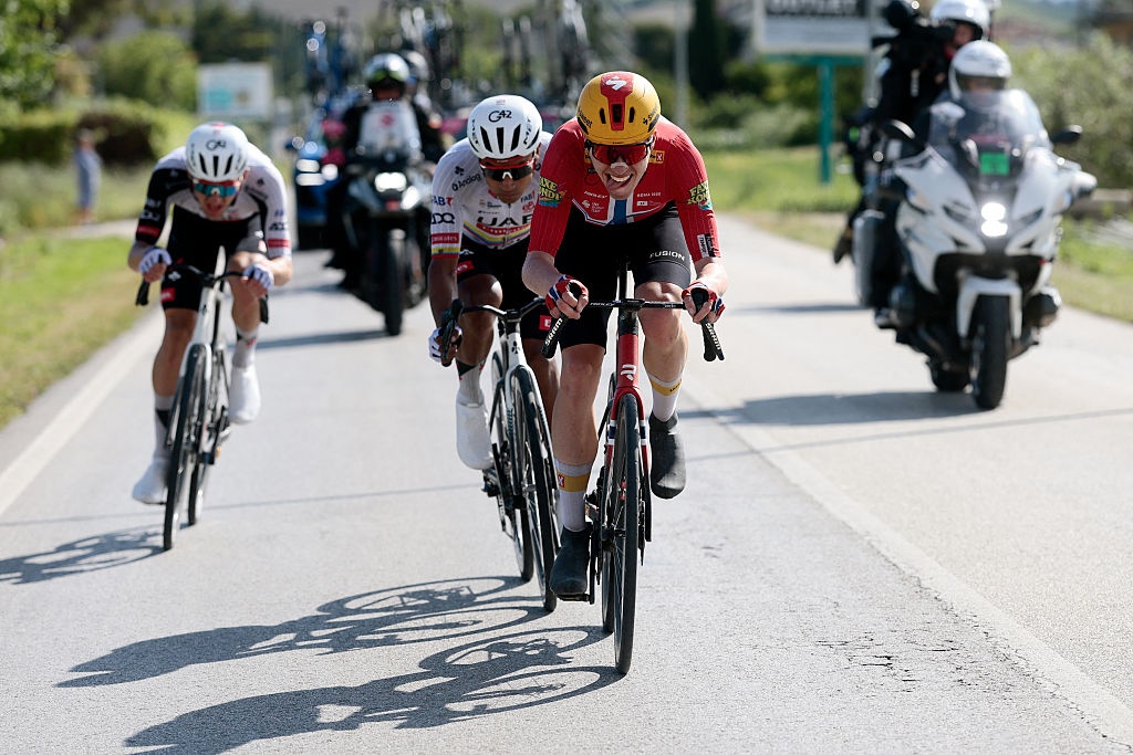 Uno X Mobility Norwegian rider Andreas Leknessund rides in the breakaway during the 8th stage of the Giro d'Italia 2026 - Tour of Italy cycling race between Chieti and Fermo, central Italy on May 16, 2026. (Photo by Luca Bettini / AFP)