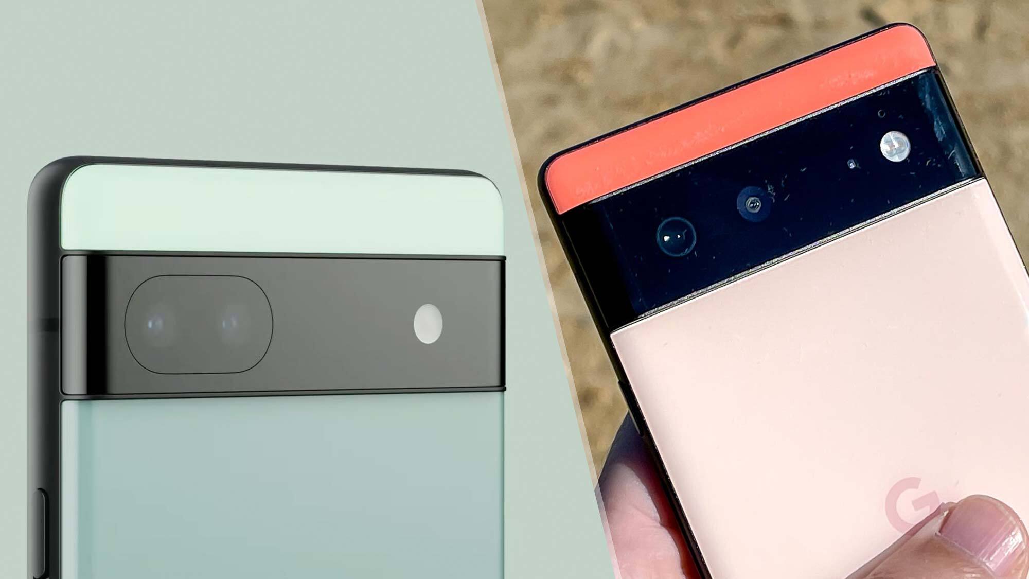A composite image of an official Google Pixel 6a render and a real-life image of the Pixel 6.