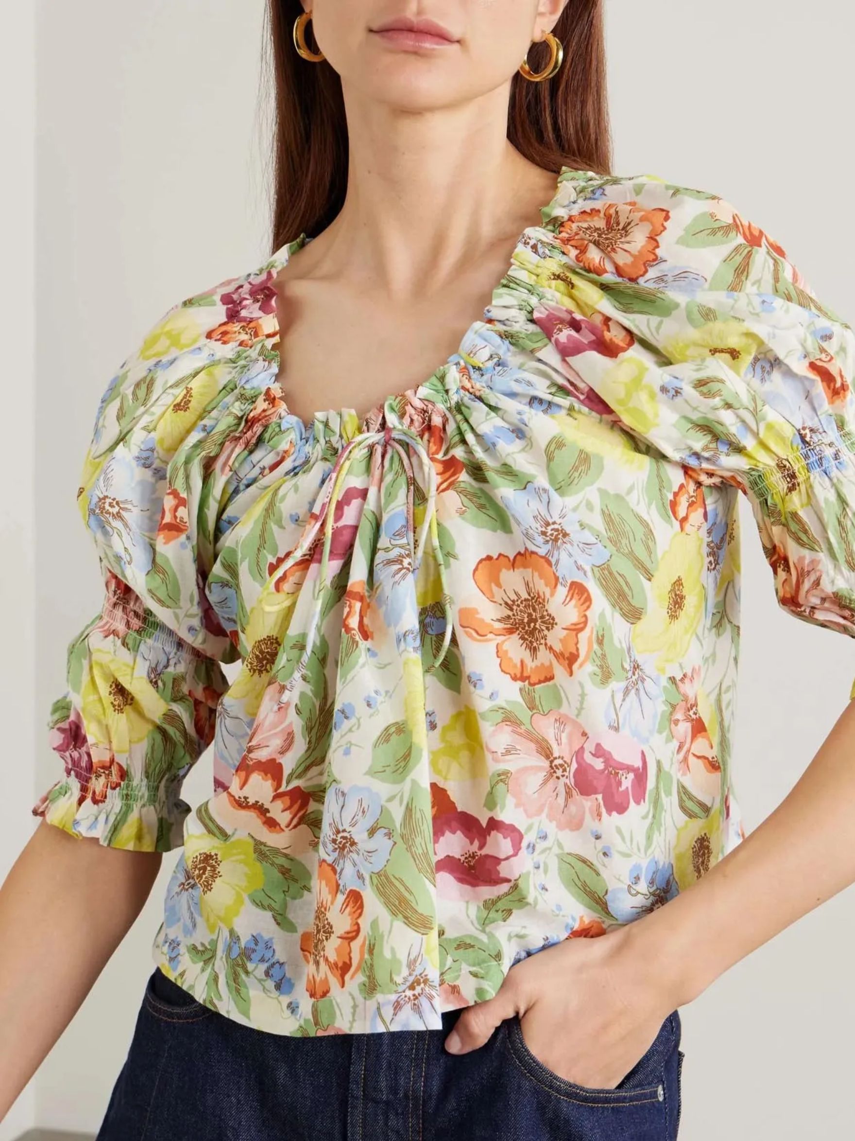 Inez Gathered Floral-Print Organic Cotton-Voile Blouse
