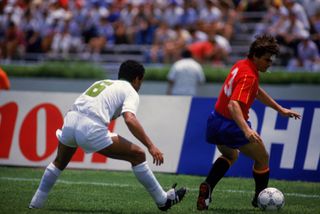 Jose Antonio Camacho on the ball for Spain against Algeria at the 1986 World Cup.