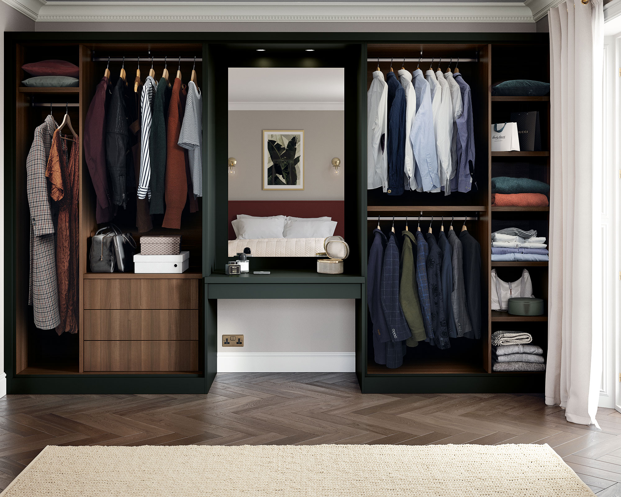 Open walk-in closet ideas in black with wooden flooring and white drapes.
