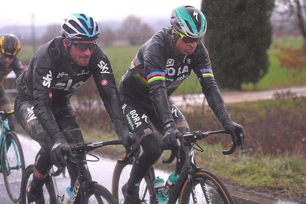 Peter Sagan doesn't appear to be enjoying the cold, wet weather at Strade Bianche
