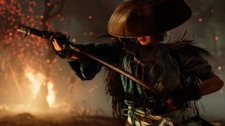 Atsu sheathes her sword in Ghost of Yotei