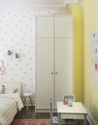 A child's bedroom with a peppy yellow wall