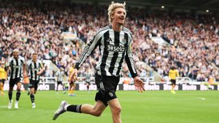 Nick Woltemade celebrating after scoring on his debut for Newcastle vs Wovles