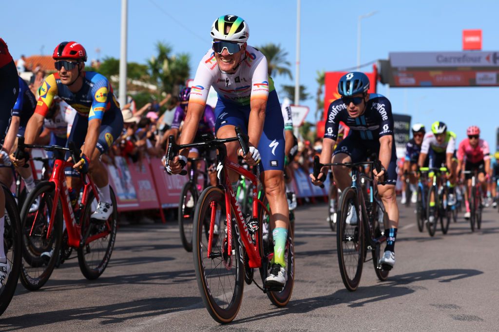 BURRIANA SPAIN AUGUST 30 Dries Van Gestel of Belgium and Team TotalEnergies crosses the finish line during the 78th Tour of Spain 2023 Stage 5 a 1846km stage from Burriana to Burriana UCIWT on August 30 2023 in Morella Spain Photo by Alexander HassensteinGetty Images