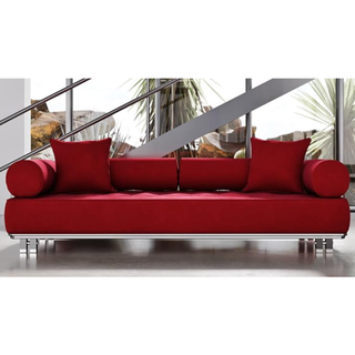 Modern red velvet sofa with chrome accents from Amazon. 