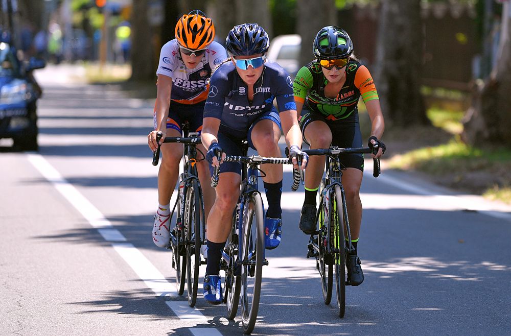 Giro Rosa - the stage 3 breakaway - Sara Penton of Sweden and Team Virtu Cycling / Chiara Perini of Italy and Team Top Girls Fassa Bortolo / Carmela Cipriani of Italy and Team Conceria Zabri-Fanini