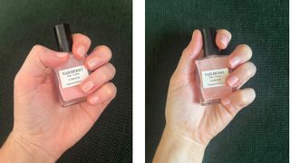 an image of one coat (l) and three coats (r) of nailberry nail lacquer in elegance