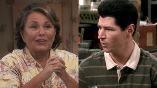 Roseanne wearing flower pattern top in Roseanne revival (2018), Michale Fishman wearing green rugby shirt with stripes in The Roseanne revival. 
