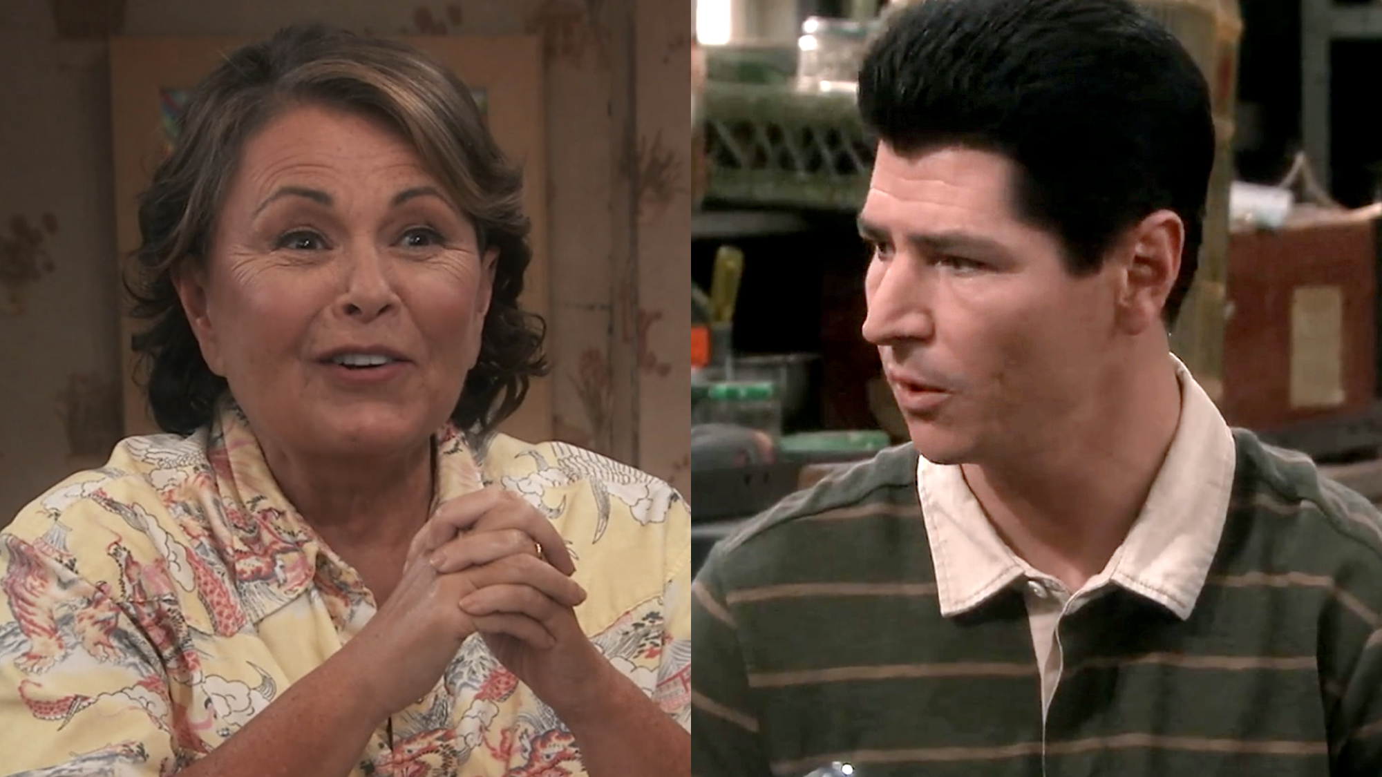 Roseanne wearing flower pattern top in Roseanne revival (2018), Michale Fishman wearing green rugby shirt with stripes in The Roseanne revival. 