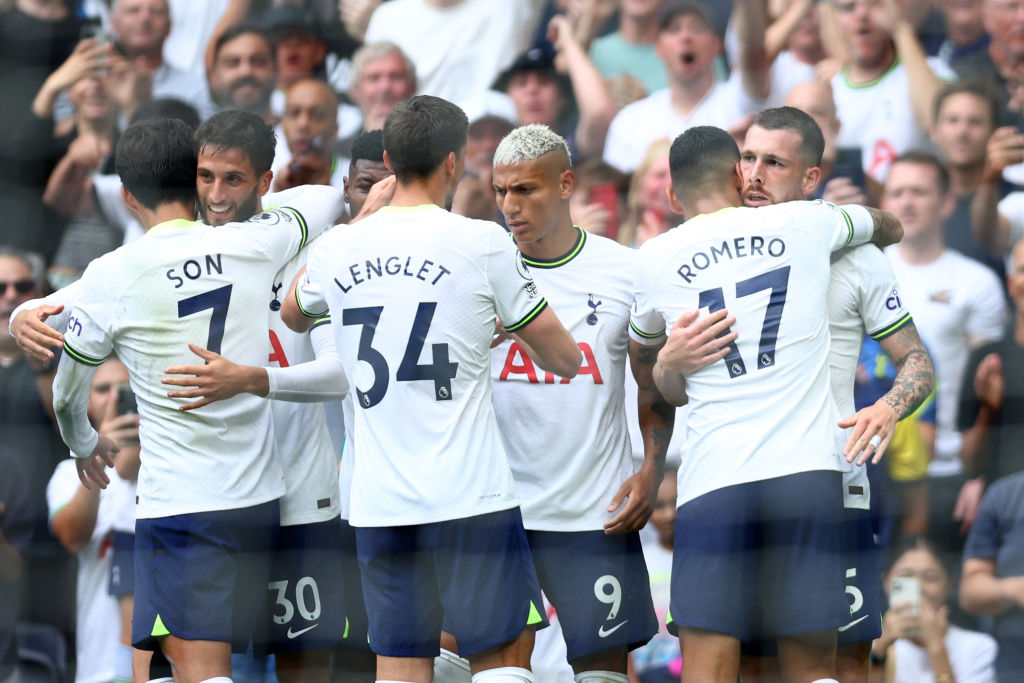 Pierre-Emile Hojbjerg of Tottenham Hotspur celebrates with teammates after scoring their team's first goal during the Premier League match between Tottenham Hotspur and Fulham FC at Tottenham Hotspur Stadium on September 03, 2022 in London, England.