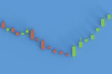 Candlestick chart with red and green bars on a blue background, representing stock trading data and market trends.