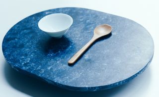 Blue serving plate with bowl and spoon