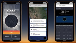 totality app screenshots showing a map and information about the april 2024 total solar eclipse.