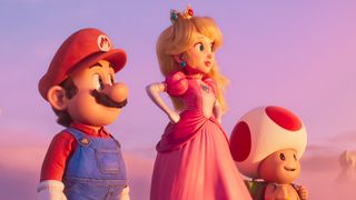Mario, Peach, and Toad look out onto the horizon in The Super Mario Bros. Movie