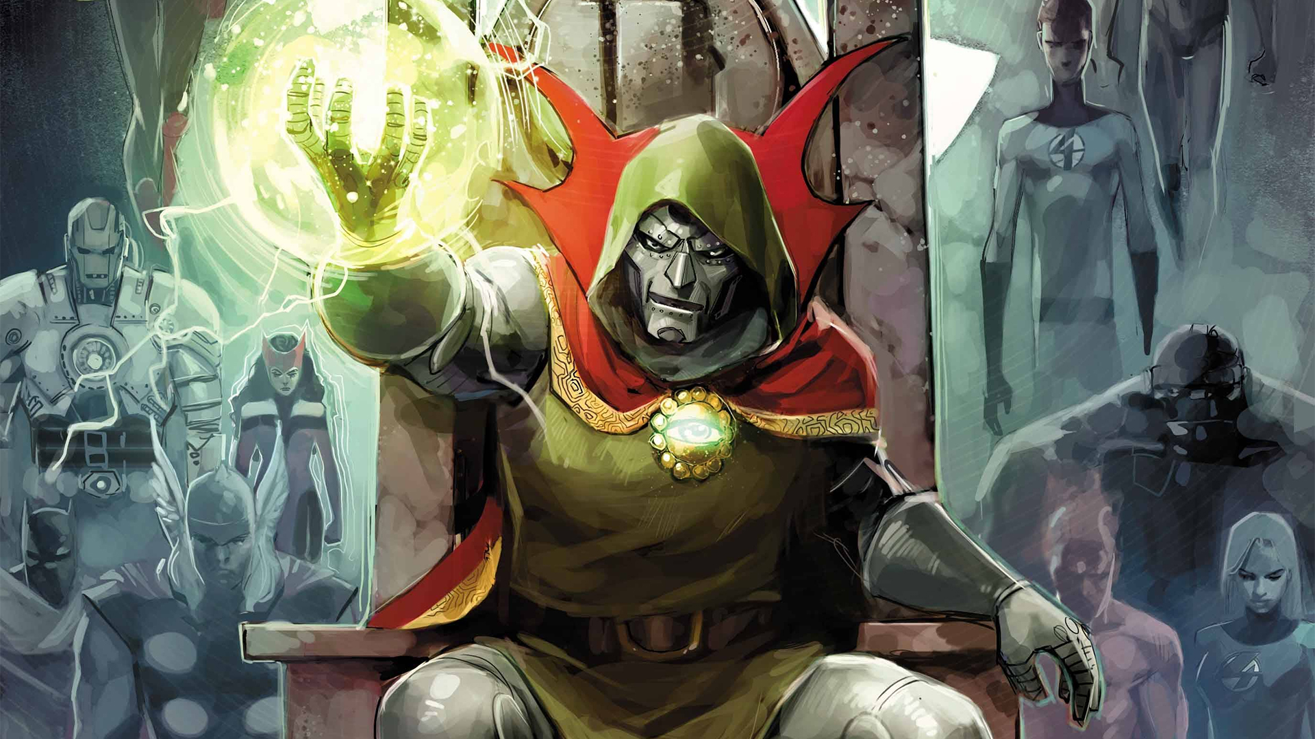 Doctor Doom as Sorcerer Supreme, sitting on his throne
