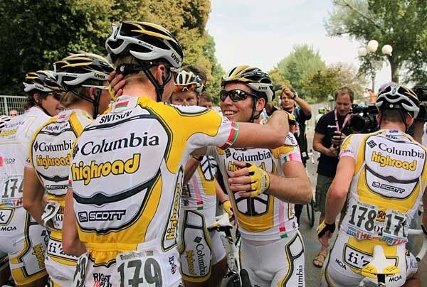 Hugs of congratulations for everyone on Team Columbia.
