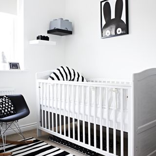 black nursery with white cradle