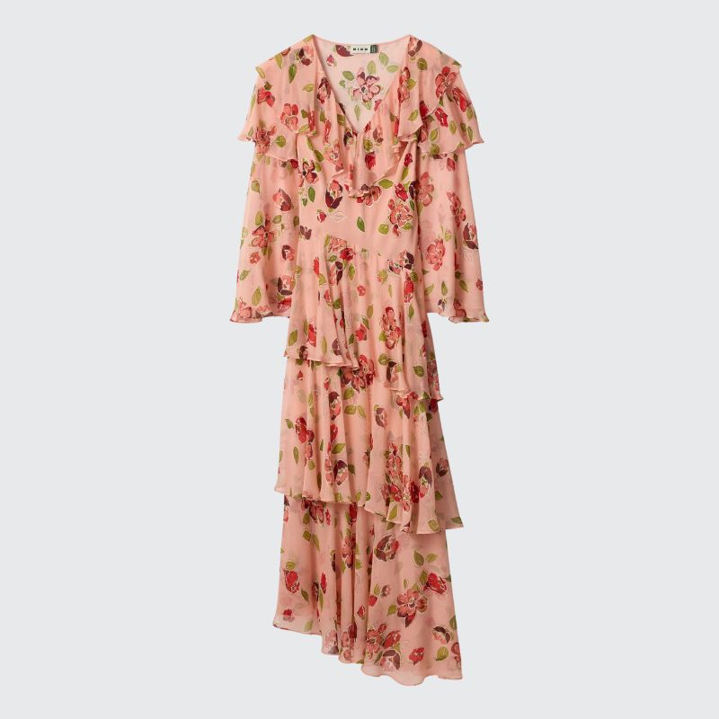 A floral ruffle asymmetric hem dress by Rixo