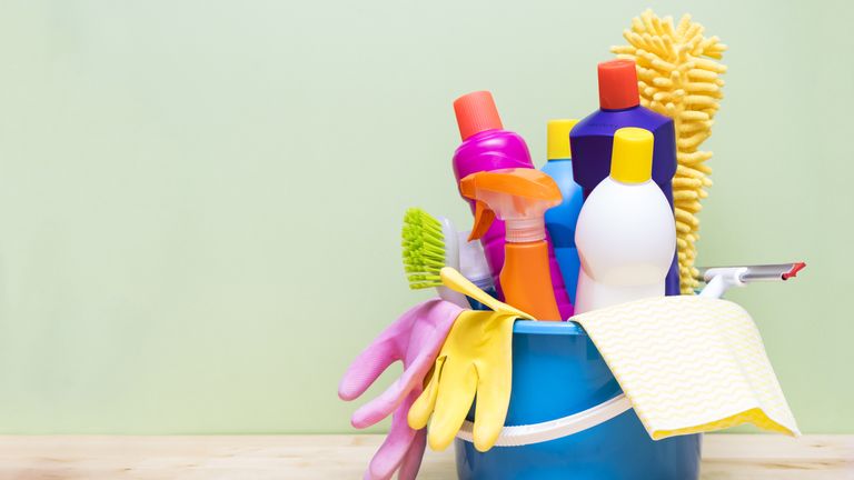 the best mould spray in a bucket with other cleaning products, scrubbers, sponges and gloves