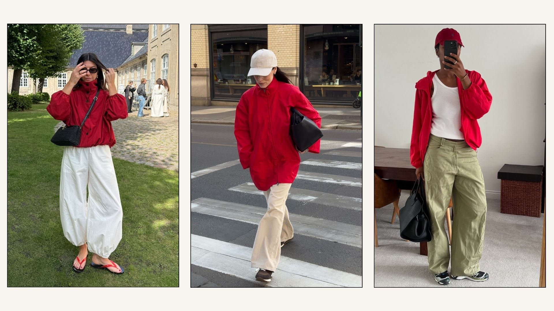 Collage of influencers wearing red jackets with white, cream and khaki trousers.