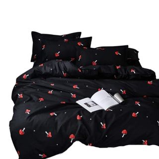 A black mushroom printed bedding set