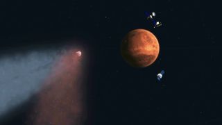 Artwork depicting comet C/2013 A1 (Siding Spring) approaching Mars in October 2014, with spacecraft in orbit including MAVEN.