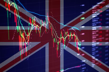 UK flag on the background of stock charts