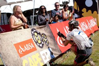 Denver Knoetzen proposes to his girlfriend on the finish line of the final stage (stage 7) of the 2012 Cape Epic