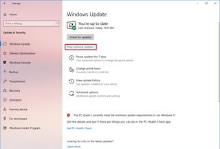 Windows 10 optional updates option for drivers