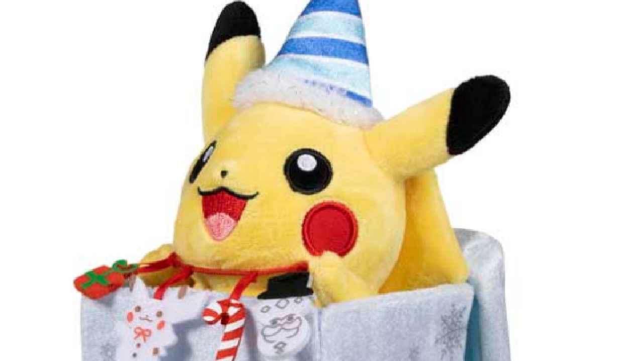 One of the plush Pikachu's for sale at the Pokémon Center.
