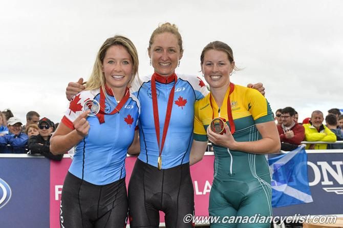 Elite women's mountain bike race podium at the Commonwealth Games: Emily Batty, Catharine Pendrel, Rebecca Henderson
