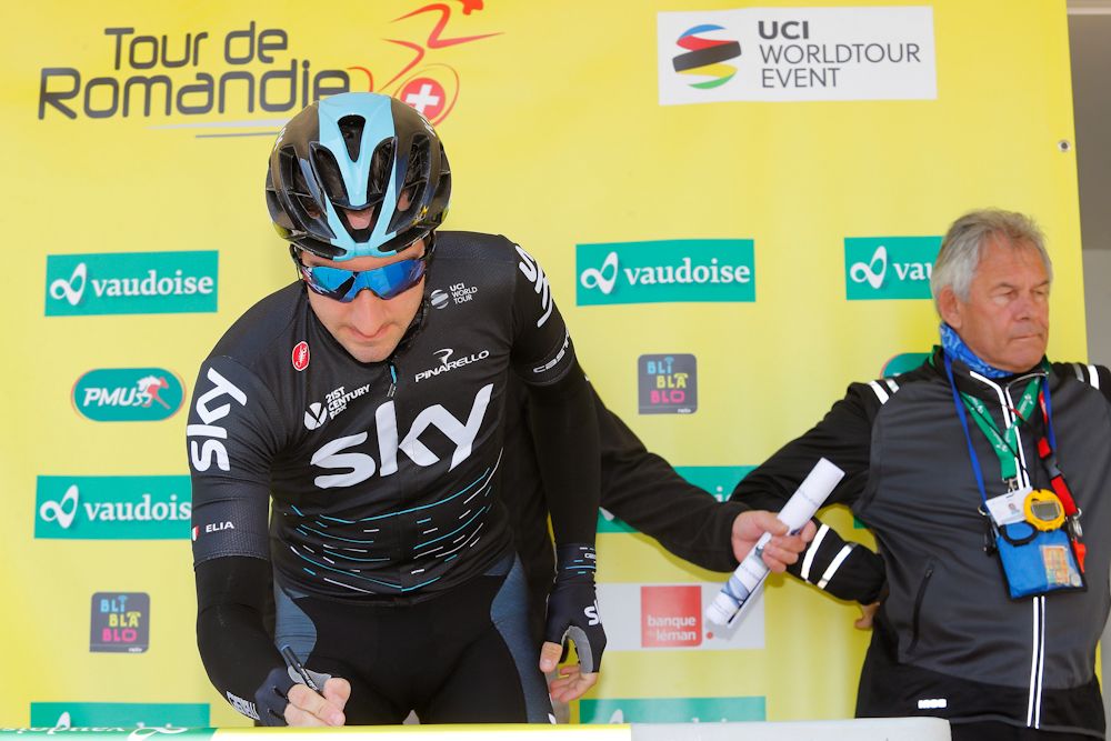 Stage 3 winner Elia Viviani signs on for stage 4 at Tour de Romandie