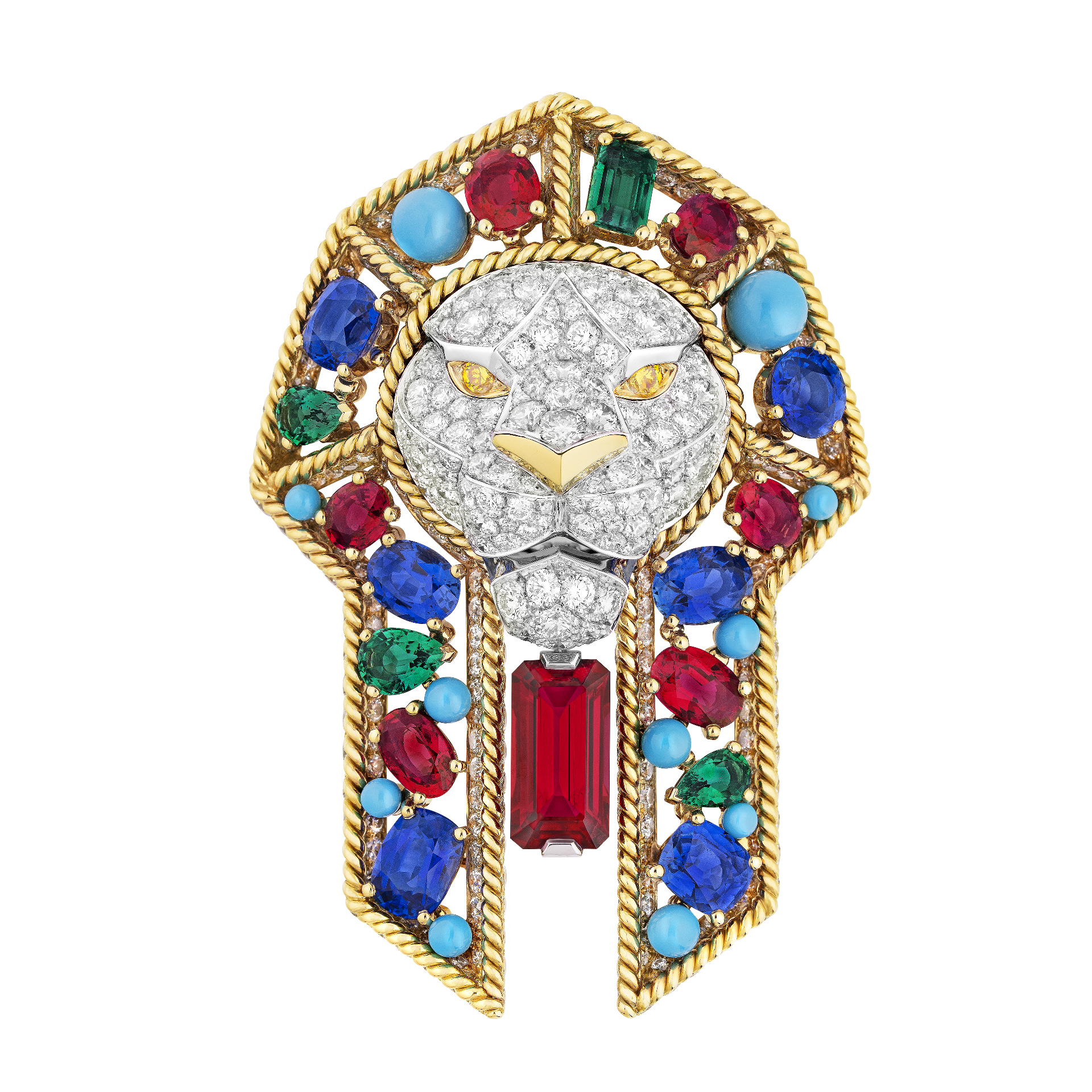 Diamond and colour gem stone brooch in the shape of a lion