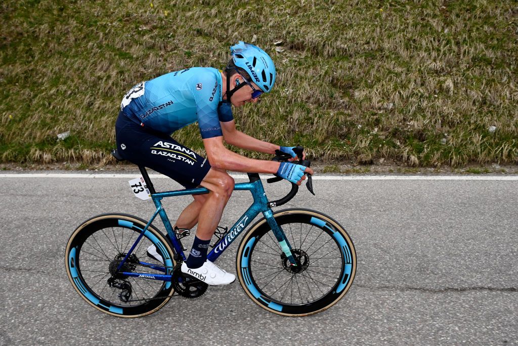 BRENTONICO SAN VALENTINO ITALY APRIL 19 Joe Dombrowski of The United States and Astana Qazaqstan Team competes in the breakaway during the 46th Tour of the Alps 2023 Stage 3 a 1625km stage from Ritten to Brentonico San Valentino 1321m on April 19 2023 in Brentonico San Valentino Italy Photo by Tim de WaeleGetty Images