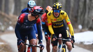 Jonas Vingegaard (R) climbs to take the lead on the Tirreno-Adriatico