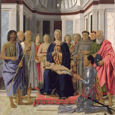 Madonna and Child with Saints, Angels and Federico da Montefeltro (the Brera Altarpiece, Brera Madonna or San Bernardino Altarpiece), 1427–74, 98in by 59in, by Piero della Francesca (1415–92), Pinacoteca di Brera, Milan, Italy.