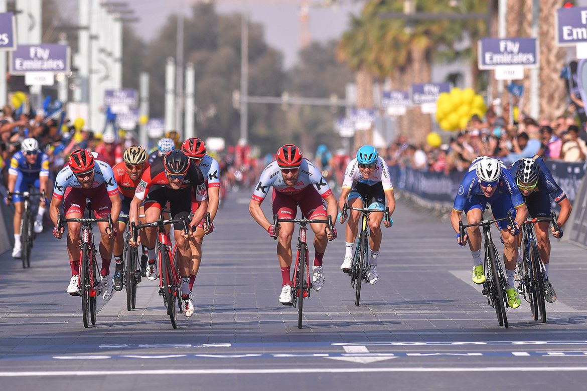 Elia Viviani (Quick-Step Floors) sprints to stage victory at the Dubai Tour.